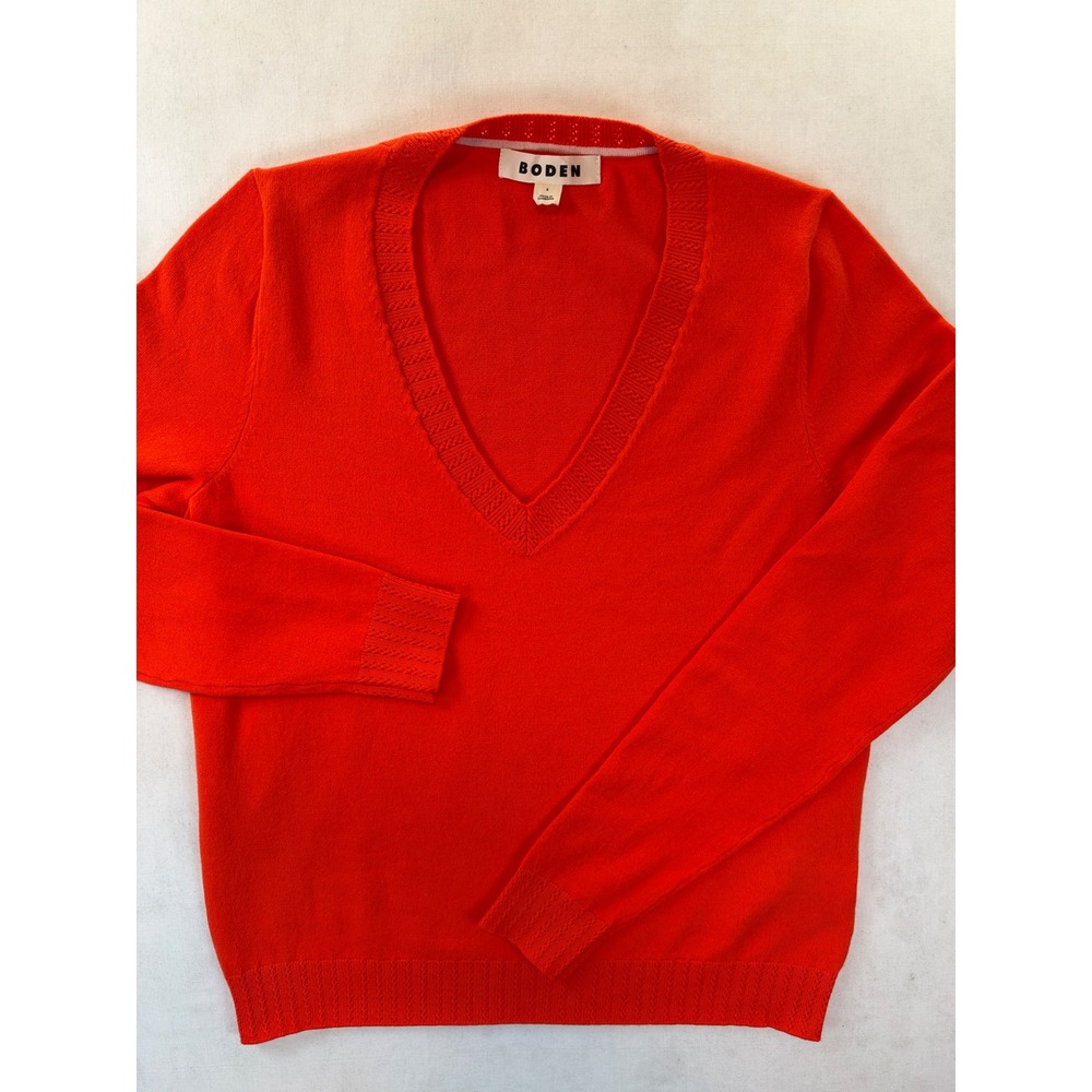 Boden Womens V-Neck Sweater Orange Red Pointelle Trim Cotton Blend Size S K1035